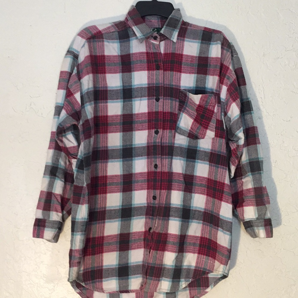 90s Vintage Red Grey Blue Plaid Flannel Shirt